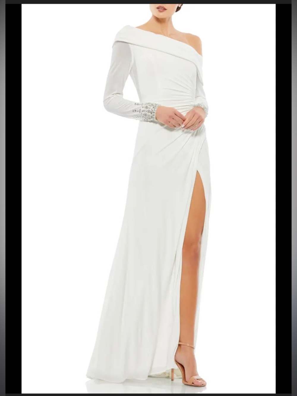 NWT Mac Duggal White Beaded Cuff Drop Shoulder Faux Wrap Gown Size 12